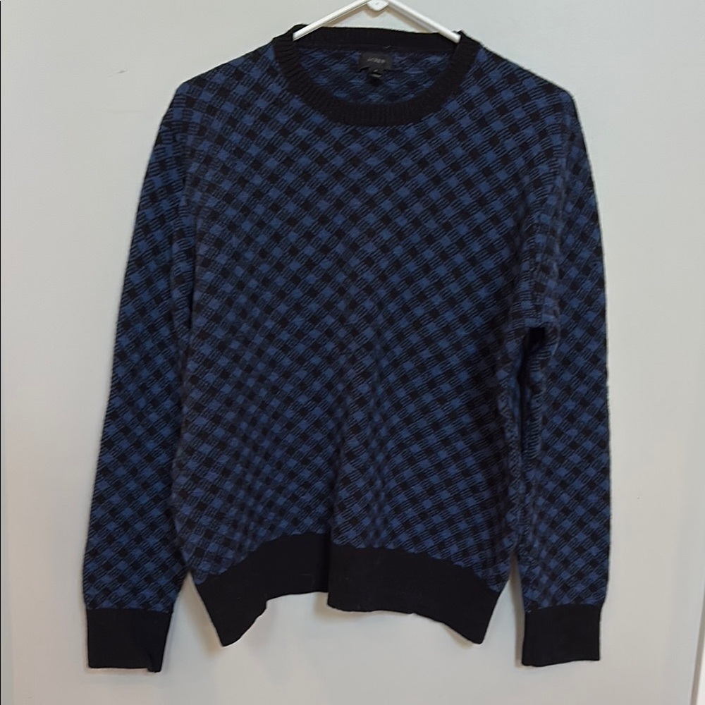 Gorgeous J. Crew Blue and Black WOOL Crewneck Sweater with Checkered Pattern